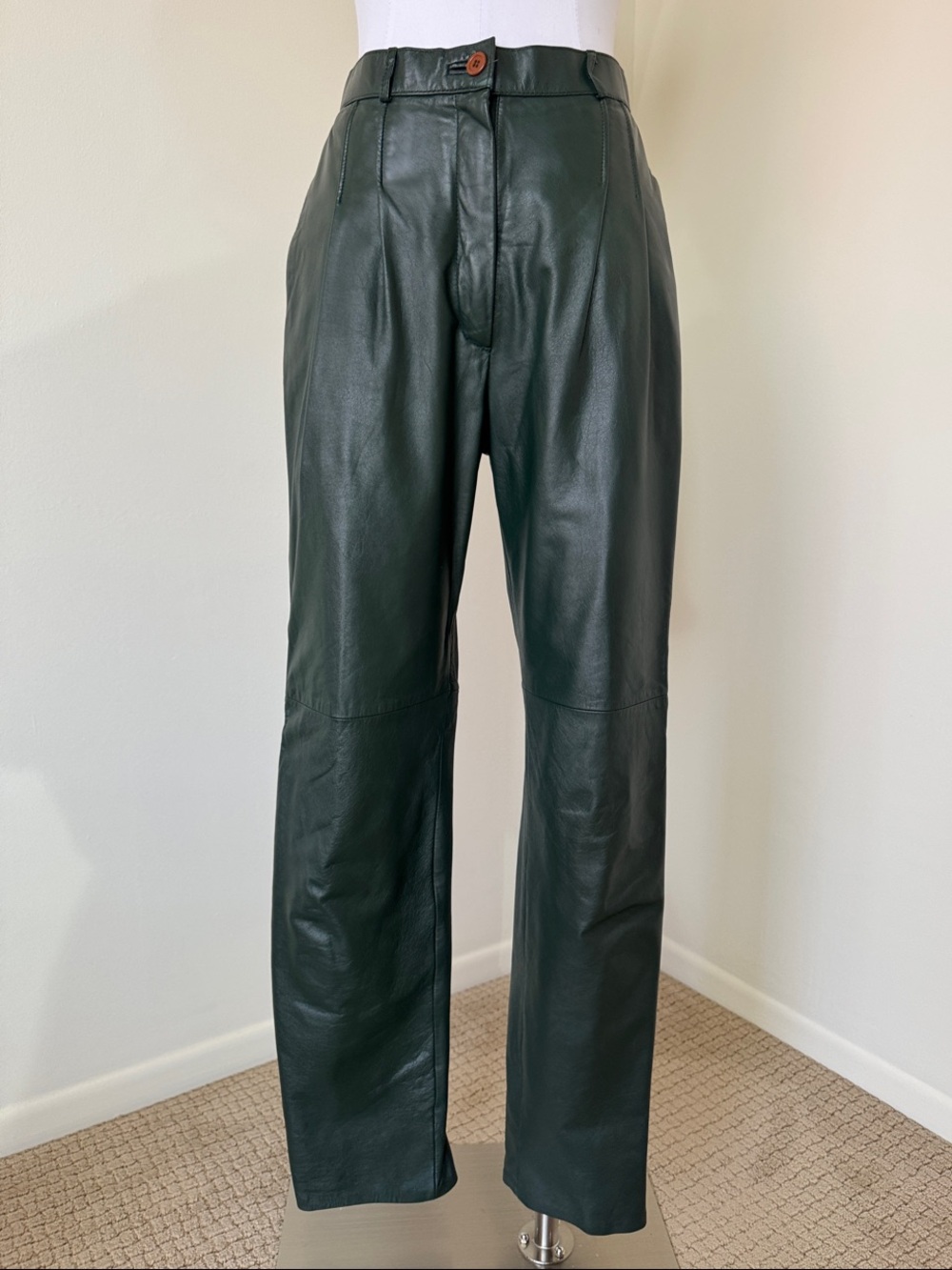 Vintage Pia Rucci Dark Green Leather Pants High Waisted Pleated Trousers 10